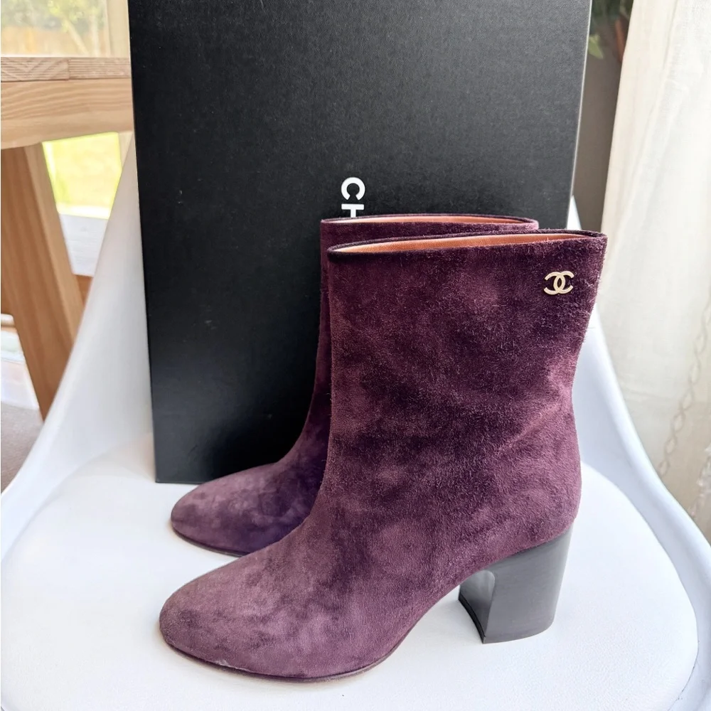 Chanel Burgundy Suede Ankle Boots with Gold CC